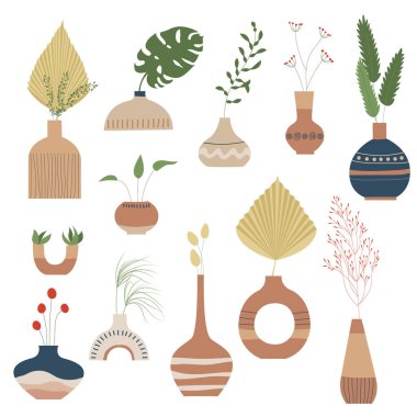 Seramik vazolar ve egzotik tropik yapraklar, çiçekler, boho tarzı. Moda Botanik Tesisleri Ev İçi İçin Saklı. El çizimi karalama çizimi. Vektör çizimi. Toprak eşyalar seti.