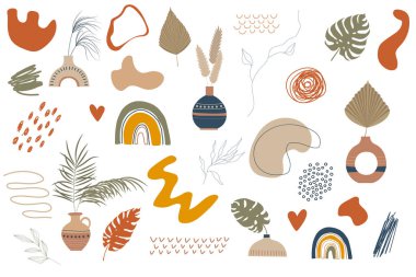 El çizimi soyut koleksiyon seramik vazo soyut karalama şekilleri ve çizgileri ile. Çiçek vazoları, toprak çanak çömlekler. Boho tarzı. Vektör illüstrasyonu beyaz arkaplanda izole edildi.