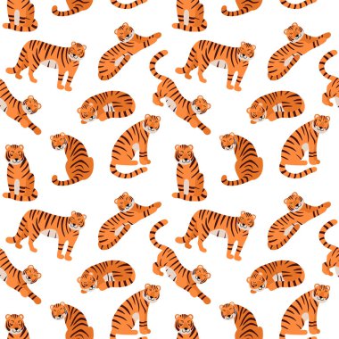 Kaplanların farklı pozlarda durduğu kusursuz desenler beyaz arka planda izole edilmiş. Çizgi film hayvan karakterleri. Kumaş veya duvar kağıdı boho tasarımı için hoş bir arkaplan. El çizimi Düz Vektör illüstrasyonu.