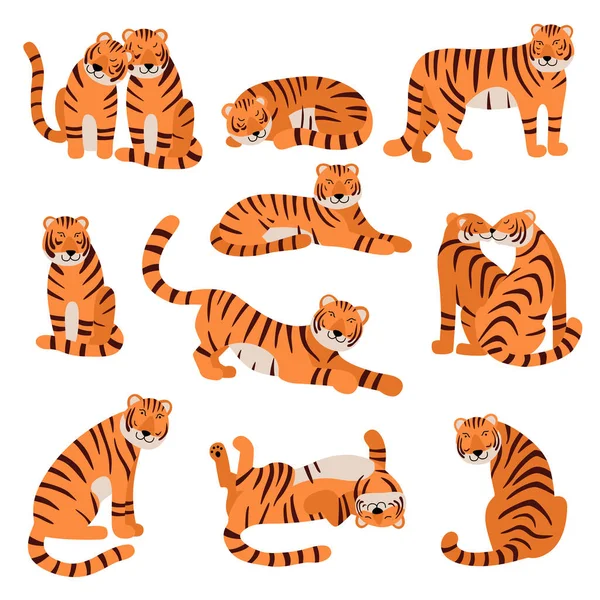 Bel Set Tigri Cartoon Tiger Personaggi Pose Diverse Alzati Corri — Vettoriale Stock