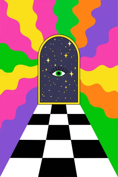 Retro Psychedelic Hippie Poster Abstraktní Obaly Let Duhou Plovoucím Okem — Stockový vektor