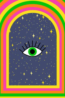 Retro Psychedelic hippi posteri. Gökkuşağı, süzülen göz ve uzay ile 70 'lerin soyut örtüleri. 1970 'lerden Neon Psychedelic Trippy Geçmişi.