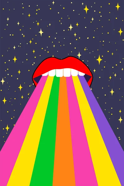 复古霓虹灯心理嬉皮士海报 70年代的抽象复盖与浮动的嘴唇 彩虹和空间 迷幻嬉皮士20世纪70年代的背景 — 图库矢量图片#