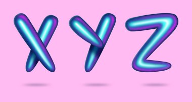 Üç boyutlu holografik harfler. Yanardöner gradyan harfler X Y Z. Typographic minimalist element. Altın yazı tipi gökkuşağı rengi. Hareketli gradyan şekil alfabesi. Sıvı neon rengi alfabe. Vektör illüstrasyonu