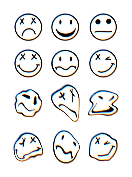 Psychedelic Glitch Stickers Set Smile Emoji Melt Faces Liquid Smiley — Stock Vector