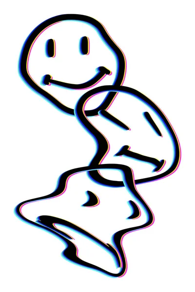 Psychedelický Plakát Závadami Úsměv Emoji Roztaví Tváře Liquid Smiley Trippy — Stockový vektor
