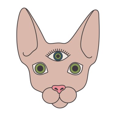 1970 saykodelik göz. Üçüncü gözü olan kedi sfenksi. 70 'lerin hippileri. Gizemli, hayalperest bir kedi. Beyaz arkaplanda izole edilmiş modaya uygun geçmişe dönük komik çizgi film vektör çizimi.