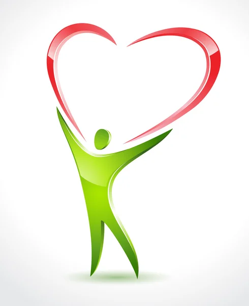 Abbildung einer grünen Figur mit einem großen roten Herz — Stockvektor