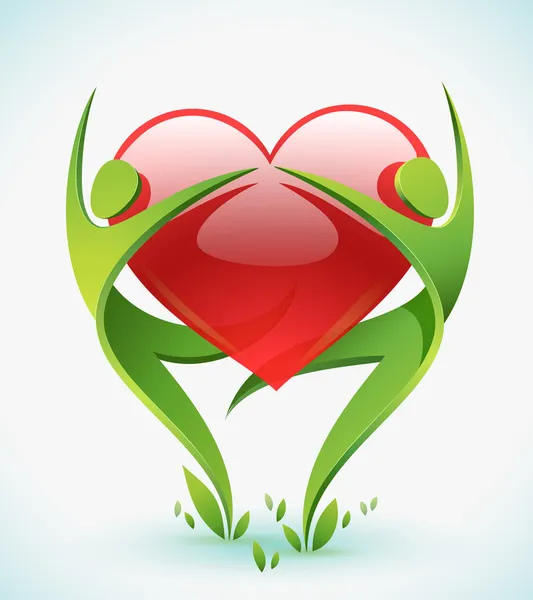 Two green figures dance as they embrace a red heart. — Stock Vector