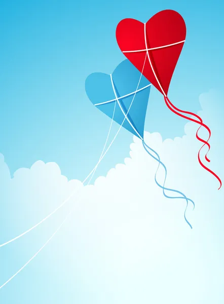 Vektor, ilustrace, dva ve tvaru srdce draci létání v oblacích — Stockový vektor