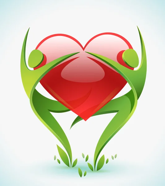 Duas figuras verdes dançam enquanto abraçam um coração vermelho . Ilustração De Stock