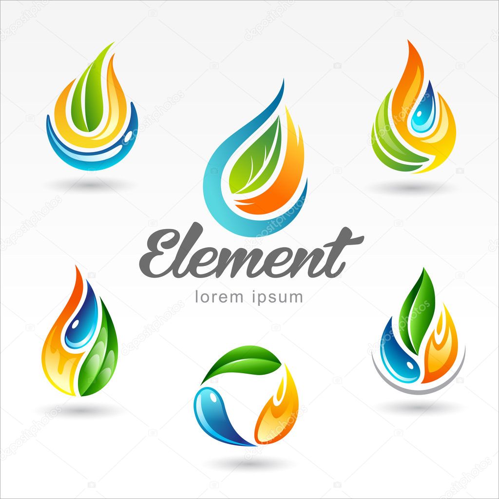 Set of six vector design of element representing fire water and life