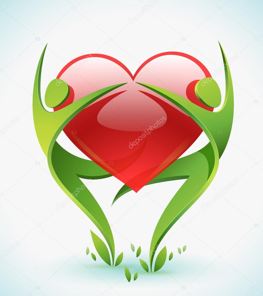 Two green figures dance as they embrace a red heart.