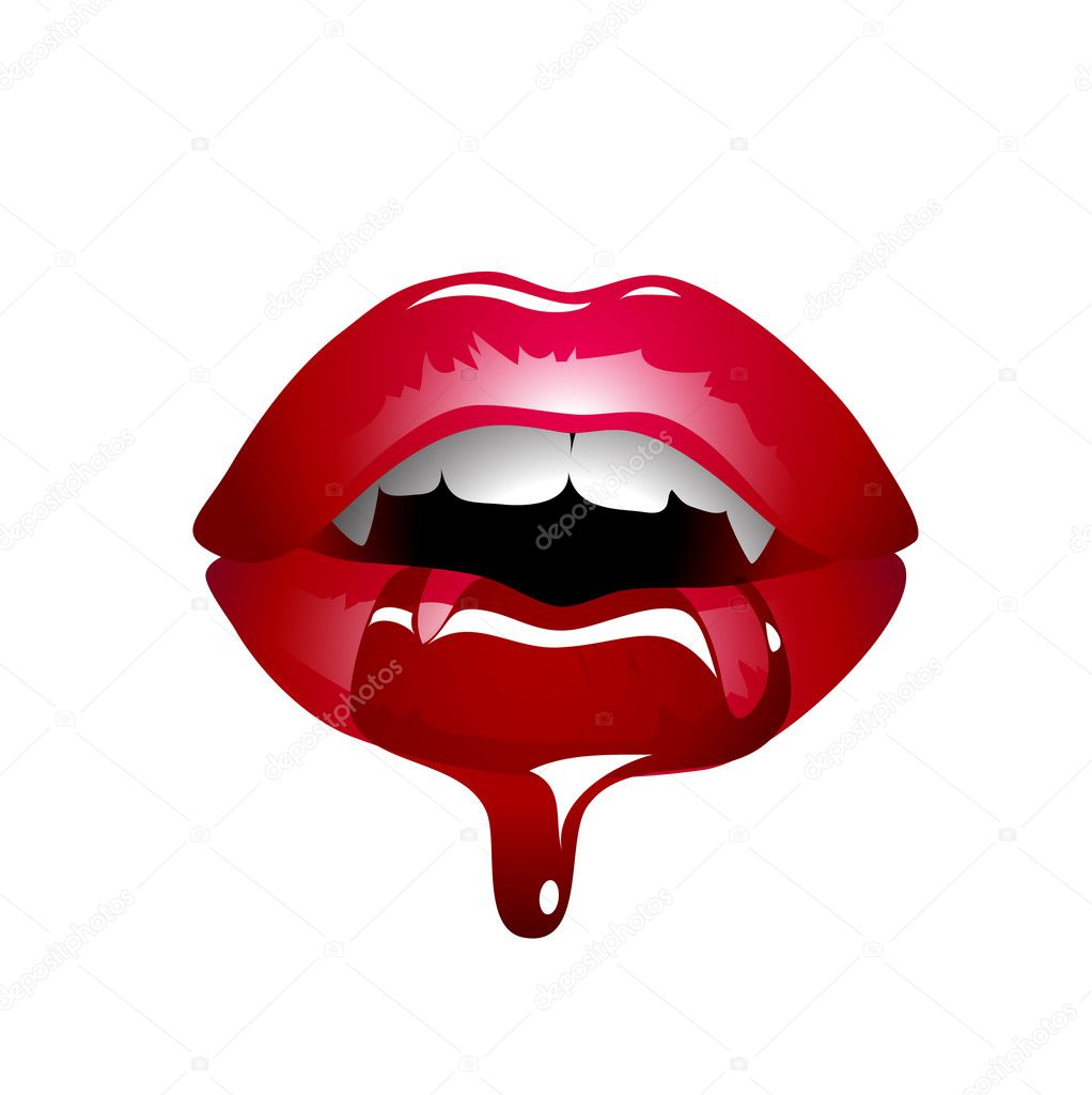 Vector illustration of vampire lips with fangs blood