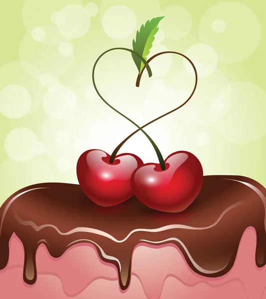 Cerejas em forma de coração em cima de bolo coberto de chocolate — Vetor de Stock
