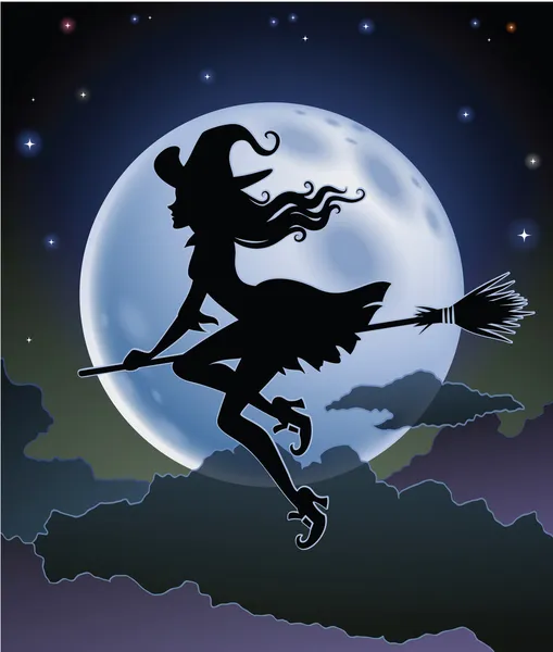 Silhueta de uma bela bruxa voando na frente de uma lua cheia — Vetor de Stock