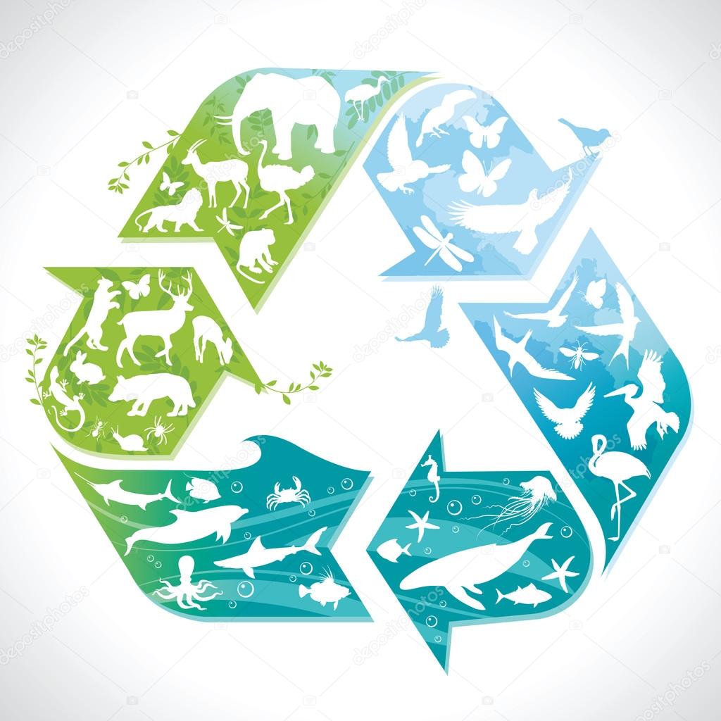 Recycling symbol with silhouettes of earth's animals