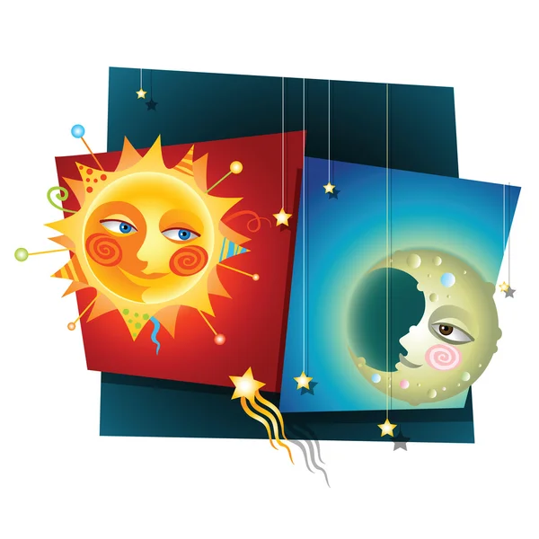 Happy Decorative Collage of a Sun and Moon — Stock Vector