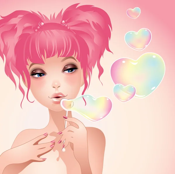 Girl blowing heart shaped bubbles — Stock Vector