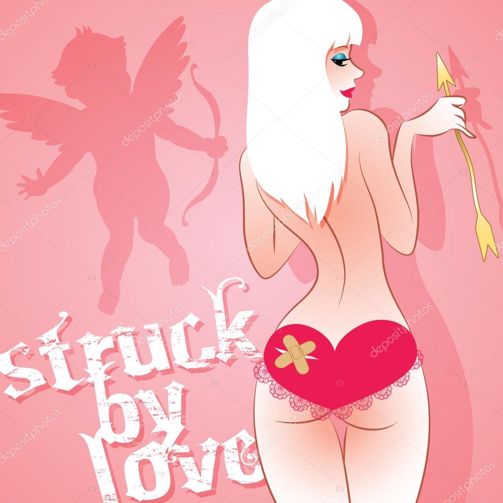 Humorous illustration of a girl that got shot by Cupid's arrow