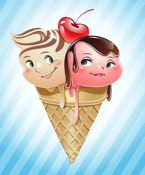 Ice cream scoops in love inside a cone — Stock Vector