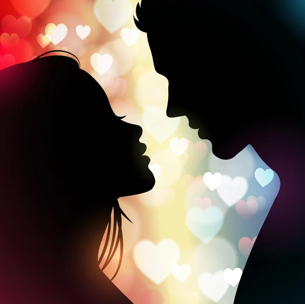 Silueta de pareja con corazones en el fondo — Vector de stock