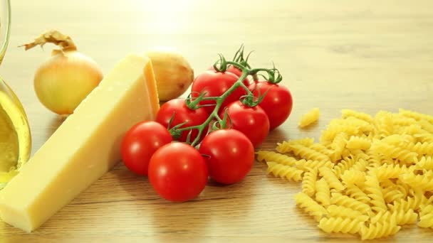 Italian food ingredients on wooden table — Stock Video