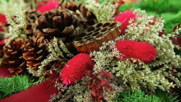 Beautiful traditional Christmas decoration background with xmas tree branch — Stock Video