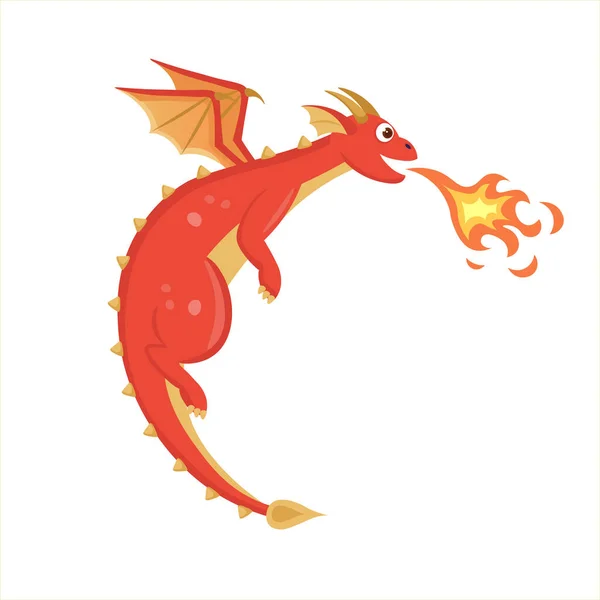 Dragón Volador Rojo Soplando Fuego Ilustración Vectorial Estilo Dibujos Animados — Archivo Imágenes Vectoriales