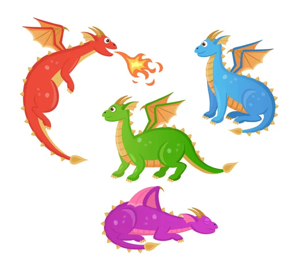 Conjunto Dragones Dibujos Animados Colores Reptiles Cuento Hadas Con Alas — Archivo Imágenes Vectoriales