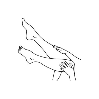 Vektör kadın bacağı. Çizgi tarzı. Beyaz arka planda izole edilmiş. Spa salonu, eko kozmetik ürünleri..