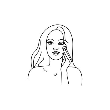 Genç ve güzel bir kadın yüzünü süngerle siliyor. Makyaj çıkarıcı. Çizgi kızı soyut minimalist siluet. Kaplıca salonu için vücut bakımı, robot resim tarzında eko kozmetik vektör simgeleri.. 