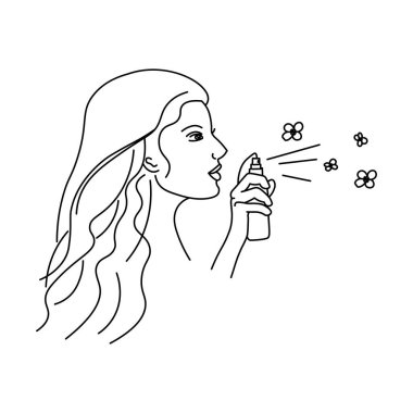 Güzel genç bir kadın aromatik parfüm püskürtüyor. Çizgi kızı soyut minimalist siluet. Kaplıca salonu için vücut bakımı, robot resim tarzında eko kozmetik vektör simgeleri.. 