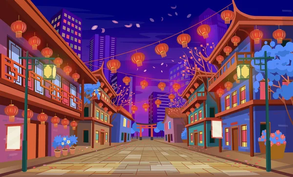 Panorama Çin Caddesinde Eski Evler Çin Kemeri Fenerler Geceleri Bir — Stok Vektör