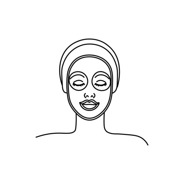 Mujer Joven Aplicando Mascarilla Facial Línea Chica Abstracta Minimalista Silhouette — Vector de stock