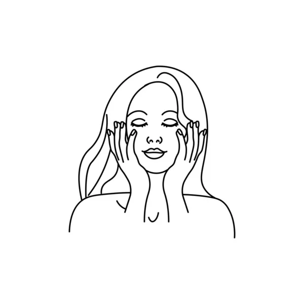 Une Fille Qui Fait Massage Visage Applique Une Crème Ligne — Image vectorielle