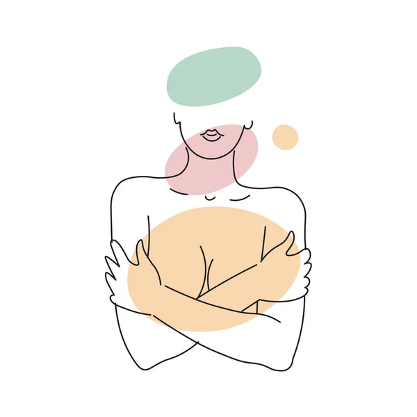 Mujer Abrazándose Ilustración Vectorial Para Amor Mismo Cuerpo Positivo Línea — Vector de stock