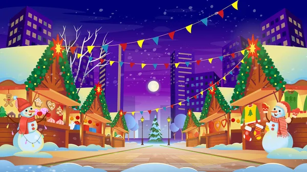 Kerstmarkt Met Verlichting Winkelen Traditionele Geschenken Kopen Vakantie Voedsel Vector — Stockvector