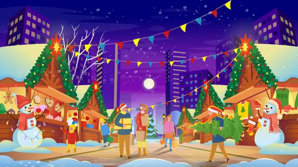 Weihnachtsmarkt Mit Beleuchtung Einkaufen Traditionelle Geschenke Kauf Von Festtagsspeisen Vektorillustration — Stockvektor