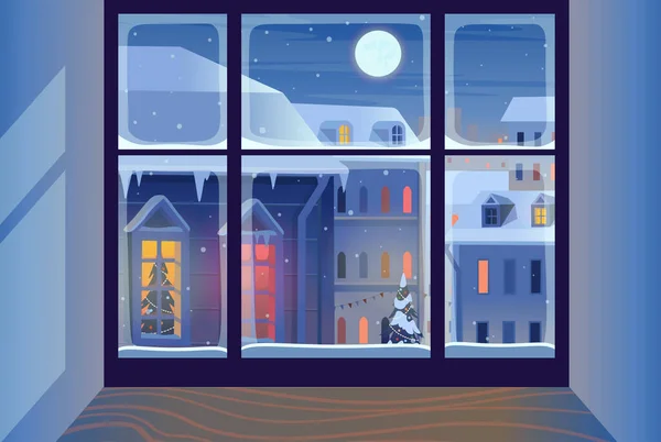 Weihnachtsfenster Mit Winterlandschaft Häuserfassaden Winter Nachts Frohe Weihnachten Grußkarte Vorlage — Stockvektor