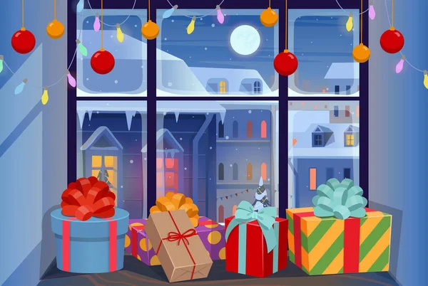 Vánoční Okno Dárky Parapetu Fasády Domů Zimě Noci Šablona Veselých — Stockový vektor