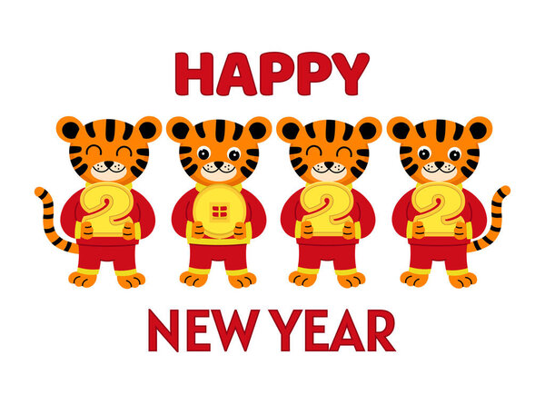 Happy chinese new year 2022 with cute cartoon tiger in red costume holding numbers in their hands.