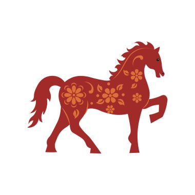 Süslü kırmızı at ve yeni Çin yılının çiçek sembolü.