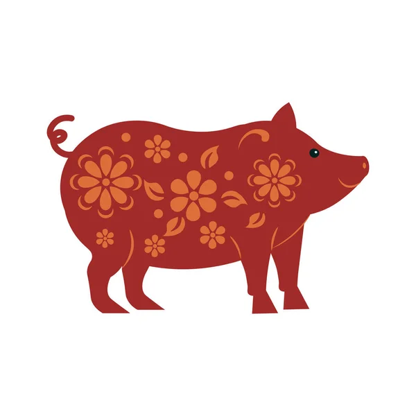 Cerdo Rojo Con Adorno Flores Símbolo Del Año Nuevo Chino — Vector de stock