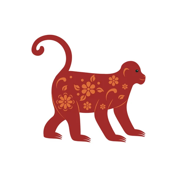 Mono Rojo Con Adorno Flores Símbolo Del Año Nuevo Chino — Vector de stock