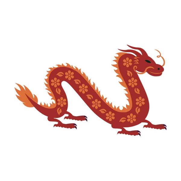 Dragon Rouge Avec Ornement Fleurs Symbole Nouvelle Année Chinoise — Image vectorielle