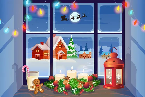 Vánoční Okno Sněhovou Koulí Vánočním Věncem Red Lanternem Zimní Krajinou — Stockový vektor