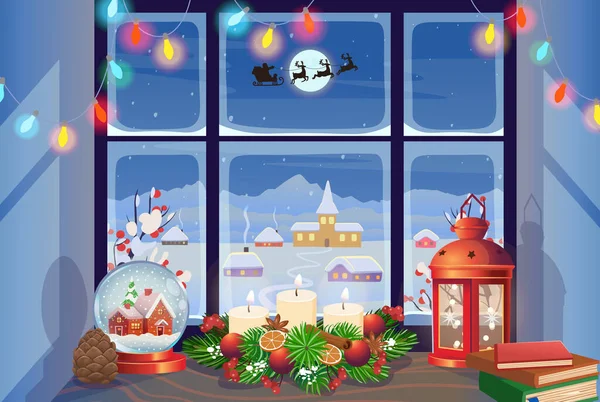 Weihnachtsfenster Mit Schneeglaskugel Adventskranz Roter Laterne Und Winterlandschaft Häuserfassaden Winter — Stockvektor