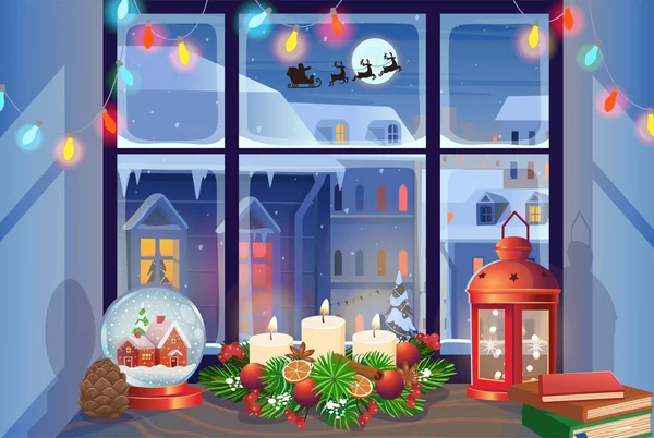 Різдвяне Вікно Сніговим Ячем Різдвяний Вінок Червоний Ліхтар Зимовий Пейзаж — стоковий вектор