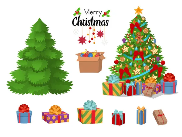 Kerstboom Met Geschenkdozen Vector Cartoon Illustratie — Stockvector